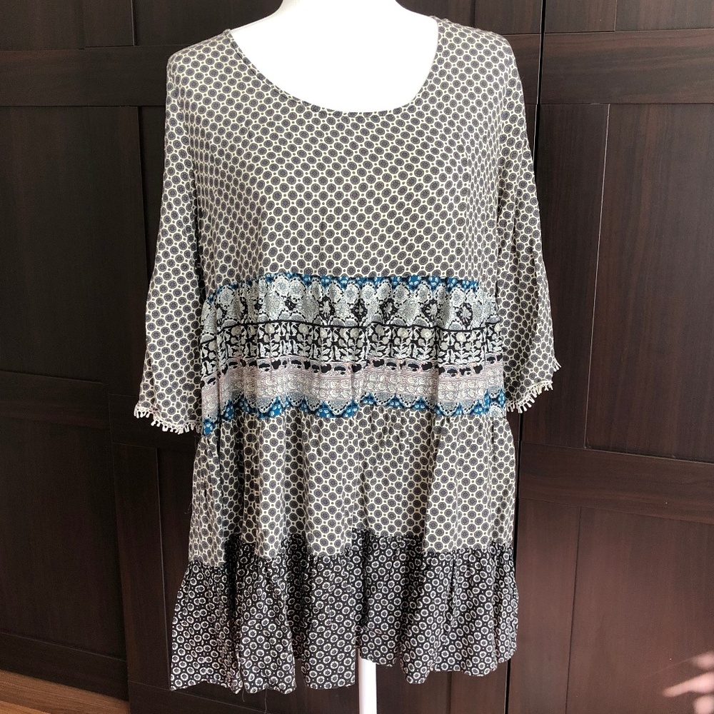 Multi-Pattern Billowy Open Back Mini Dress